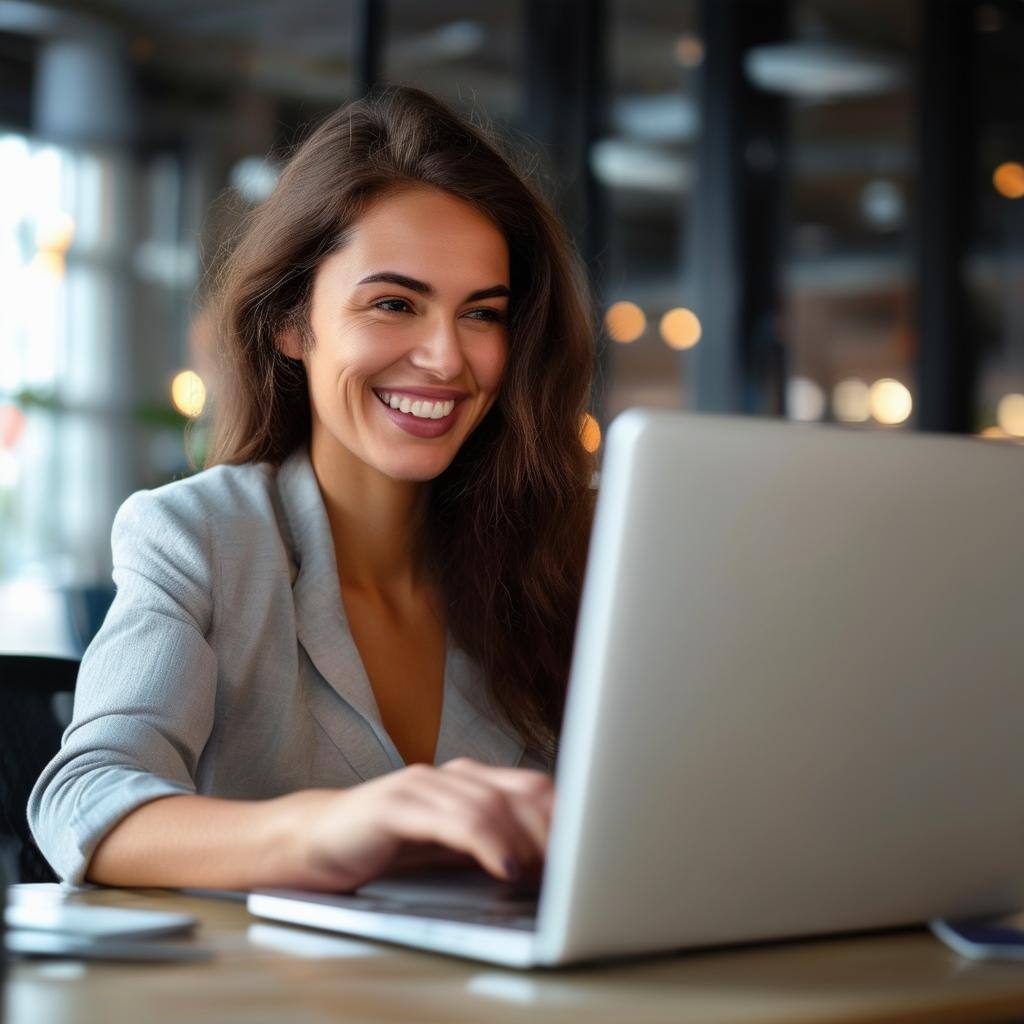 happy woman typing on laptop business focused