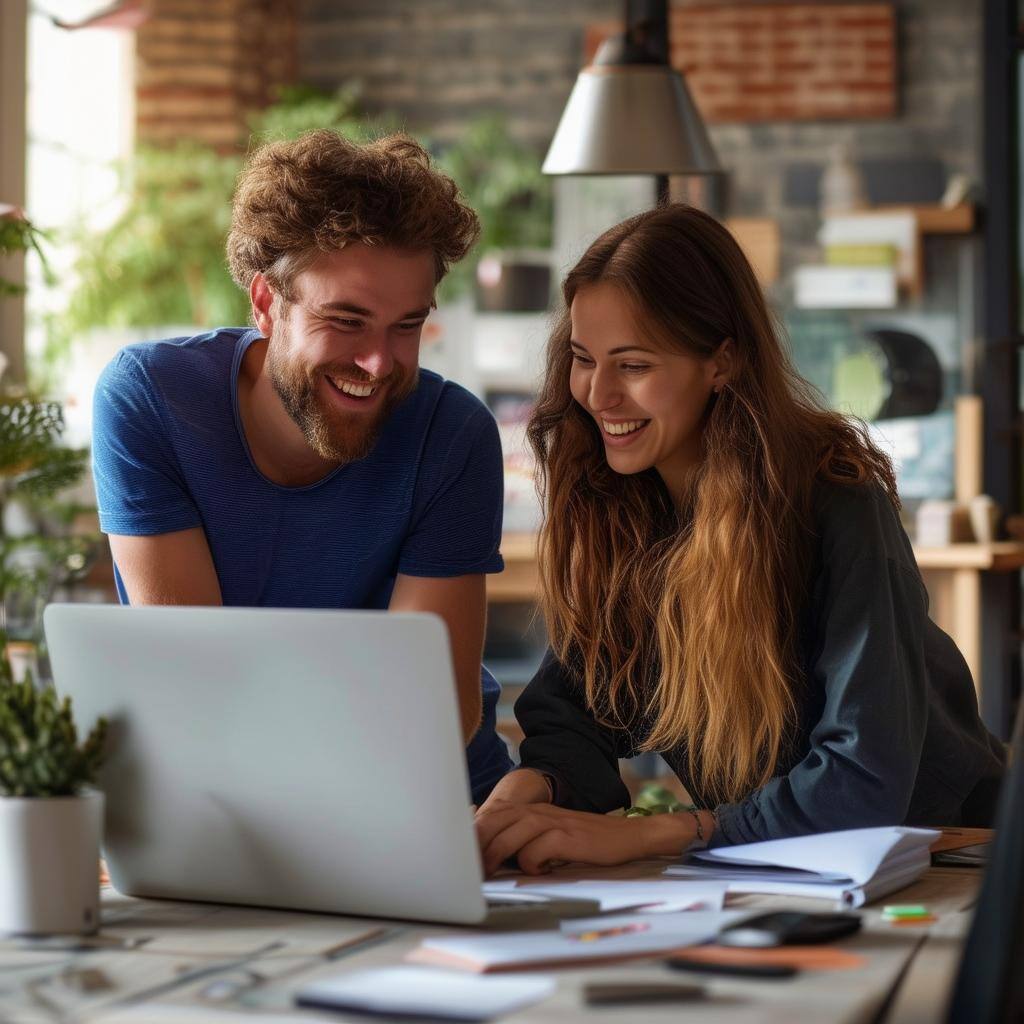 2 happy people next to computer looking at screen